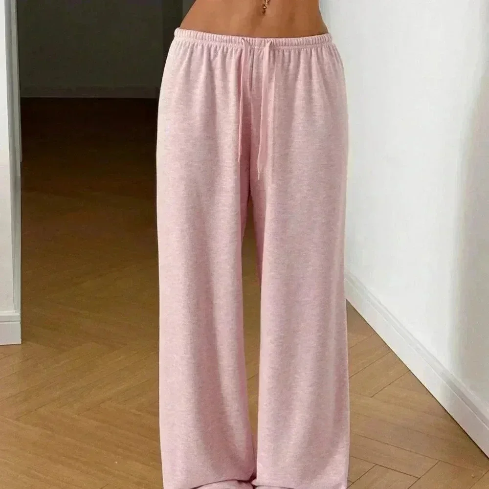 Pink Casual Women's Drawstring Waist Soft Knit Loose Pants